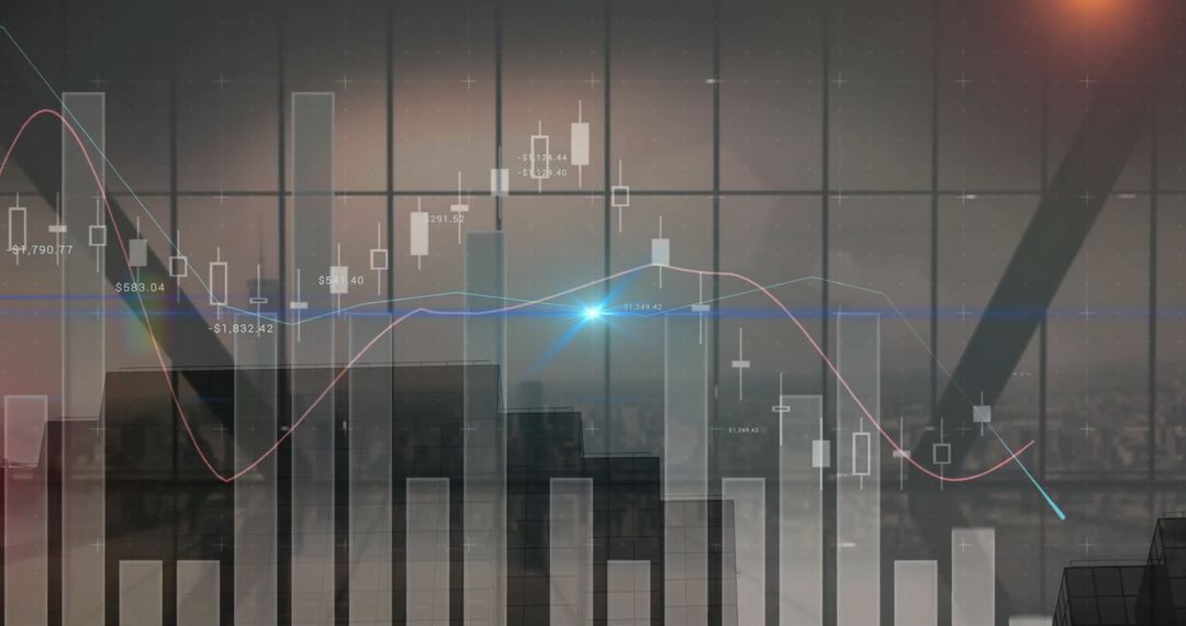 Cityscape Overlay with Financial Data Charts and Graphs