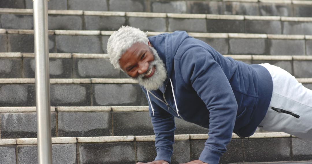 Senior African American Man Doing Pushups on Urban Steps Showing Strength and Vitality