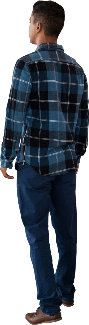 Transparent View of Man Standing in Blue Plaid Shirt and Pants