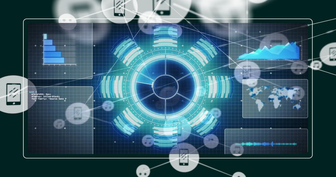 Futuristic Digital Interface with Data Analytics and Global Connectivity