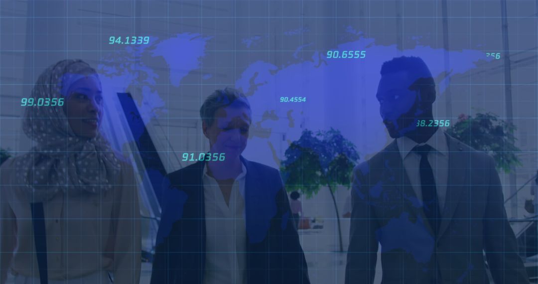 Diverse Business Team with Global Data Analytics Overlay