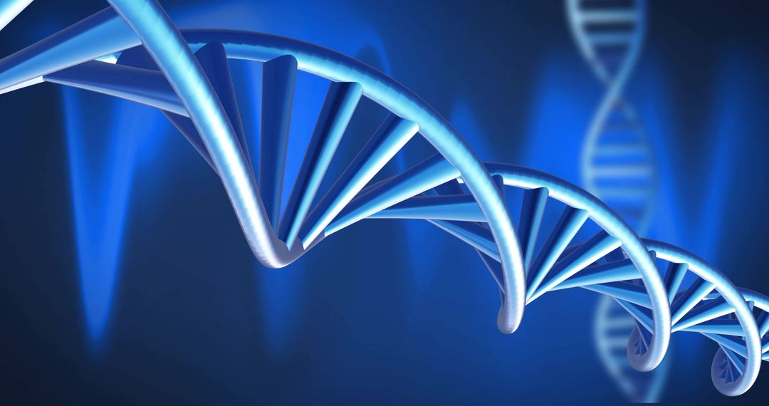 Glowing DNA Strands with Light Trails on Dark Background Visualizing Genetics