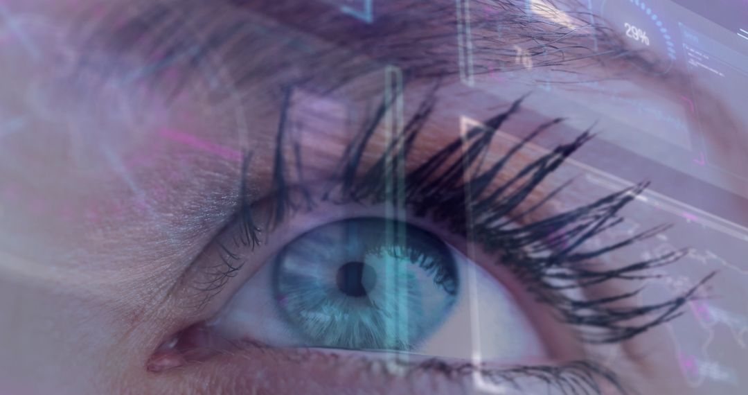 Close-Up Display of Digital Interface Reflected in Blue Eye