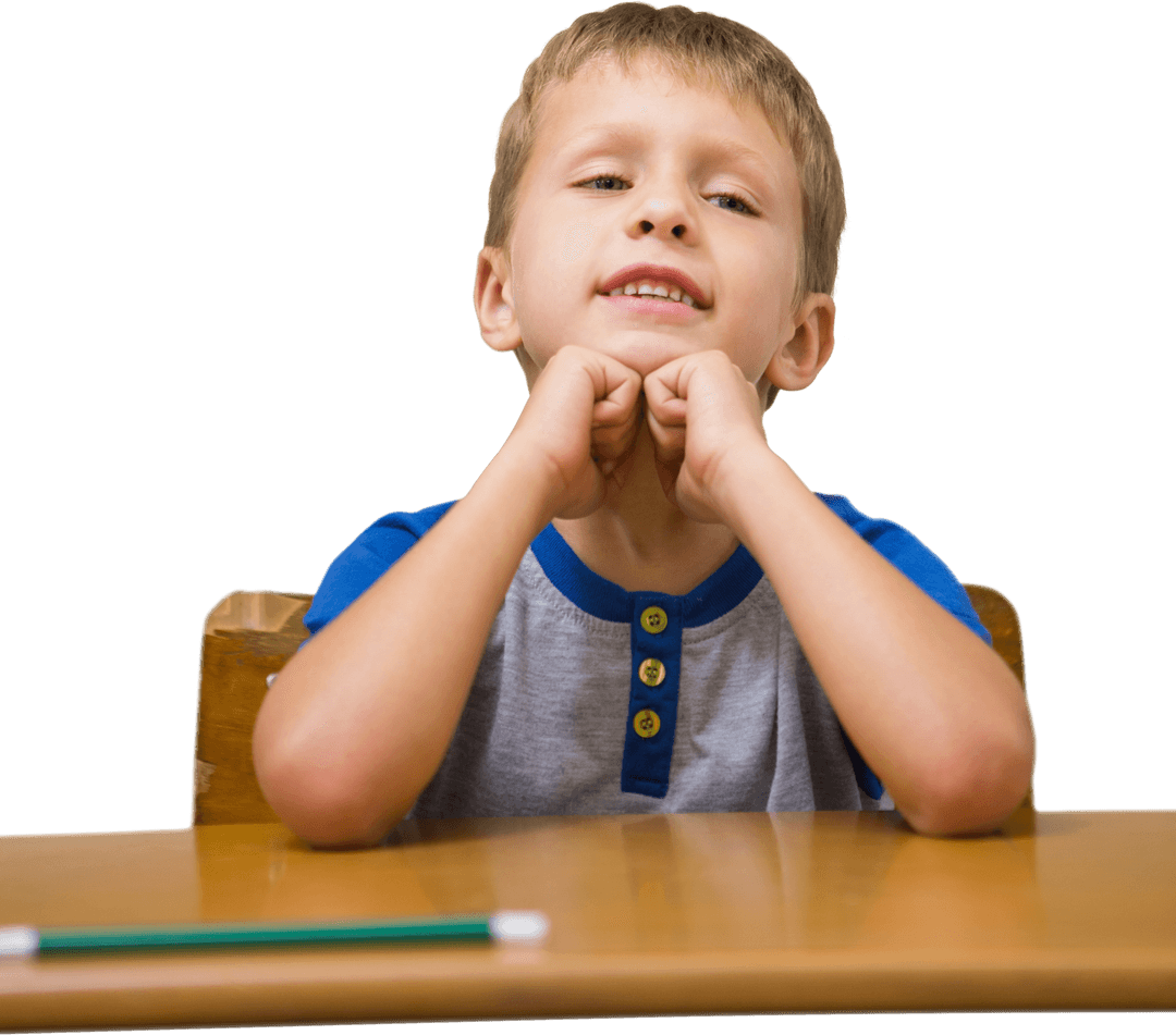 Transparent Happy Schoolboy Sitting at Desk