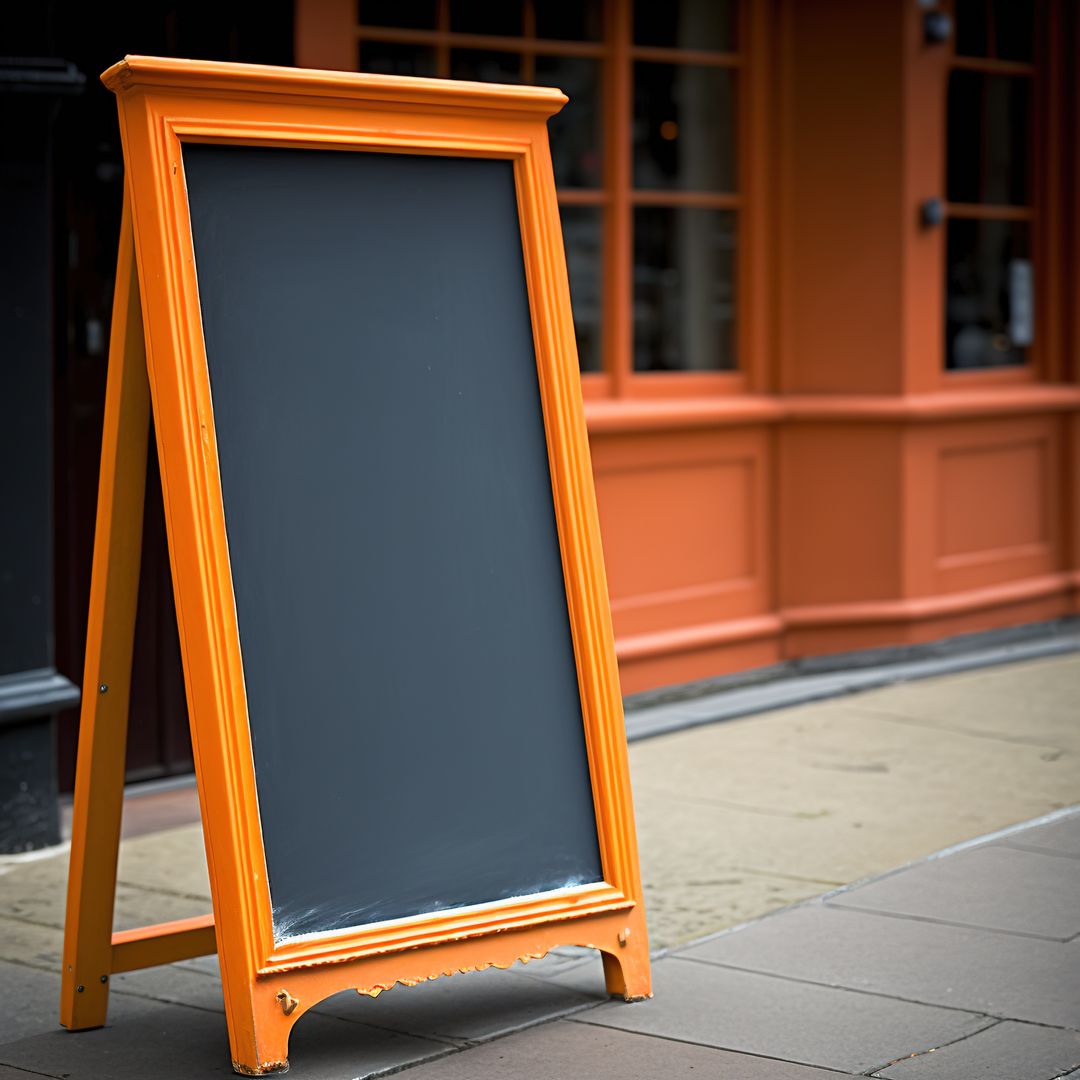 Orange Framed Blank Chalkboard on Sidewalk Outside Shop - Free Images, Stock Photos and Pictures on Pikwizard.com