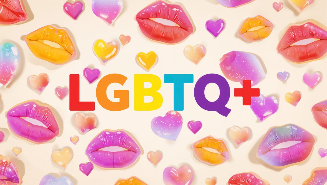 Vibrant LGBTQ+ Rainbow Typography with Glossy Lips and Pastel Heart Stickers Pattern