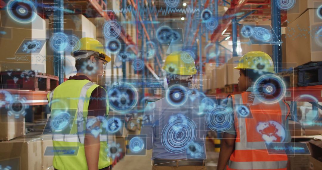 Warehouse Workers Engaging with Futuristic Digital Interfaces