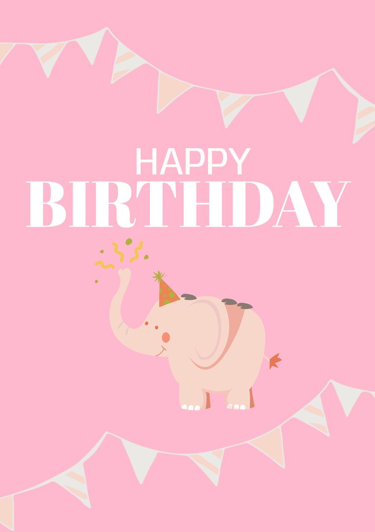Cute Birthday Card with Elephant and Bunting on Pink Background - Download Free Stock Templates Pikwizard.com