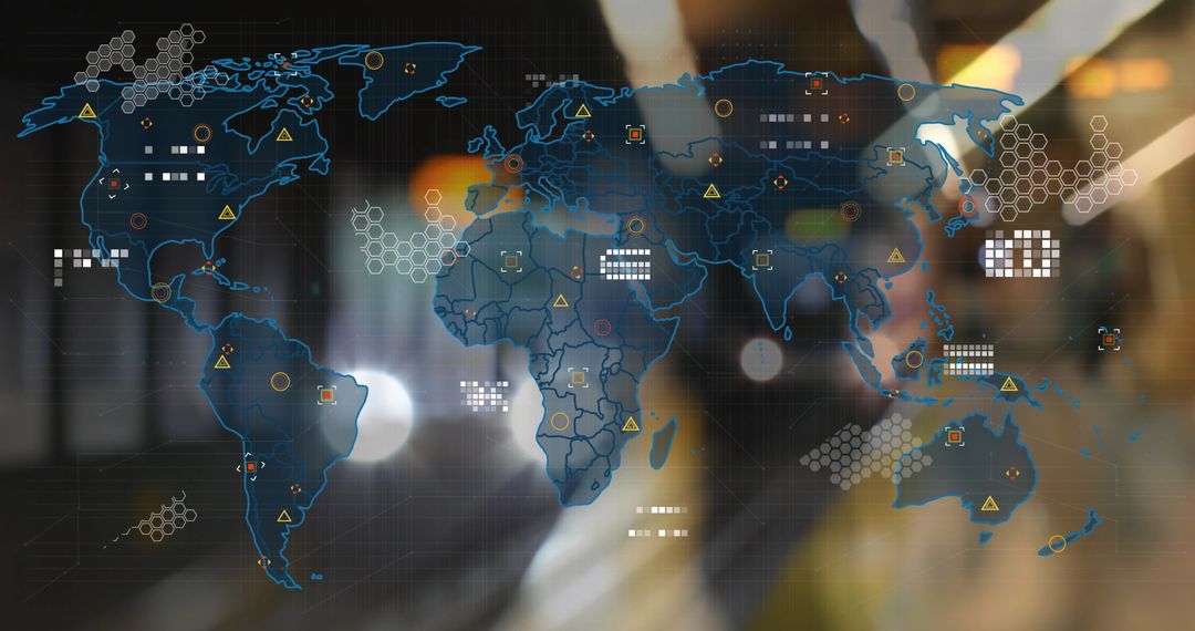 World Map with Digital Data Overlays and Subway Background