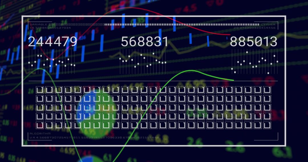 Translucent Financial Dashboard Displaying Live Counters, Candlestick Charts, Market Analytics