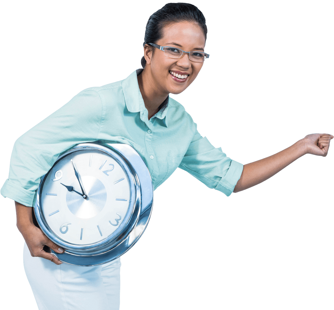 Transparent Delightful Woman Holding Large Clock, Showing Time Management Concept