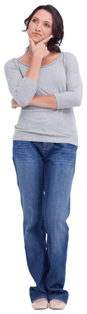 Transparent Image of Young Woman Posing Thoughtfully in Gray Top and Jeans