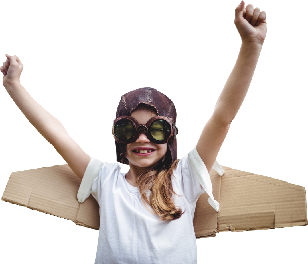 Transparent PNG Caucasian Girl Pretending to Fly with Cardboard Wings and Goggles - Download Free Stock Images Pikwizard.com