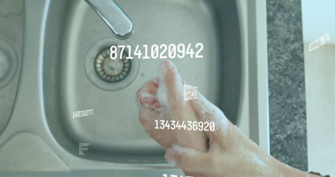 Person Washing Hands with Digital Data Overlay Concept