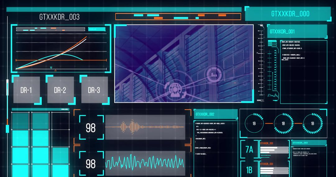 Futuristic Data Interface with Analytical Charts and Icons