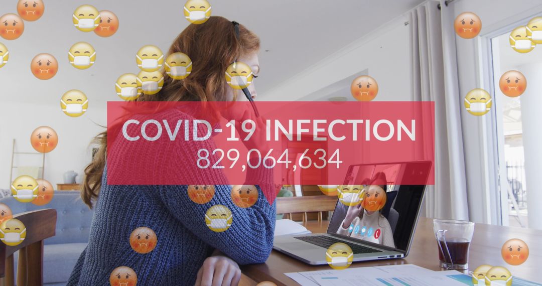 Digital COVID-19 Interface with Emoji Overlays on Laptop