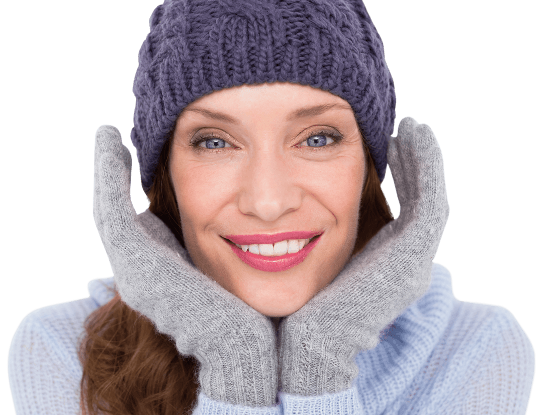 Smiling Woman in Winter Hat and Gloves Wearing Transparent Sweater