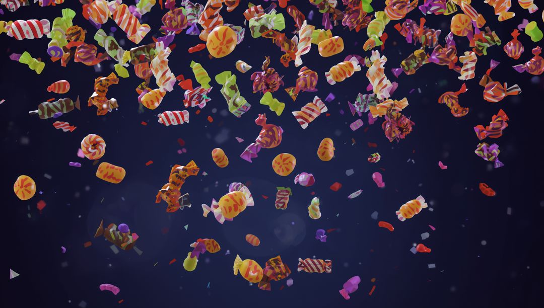 Vibrant Wrapped Candies Floating Against Dark Backdrop
