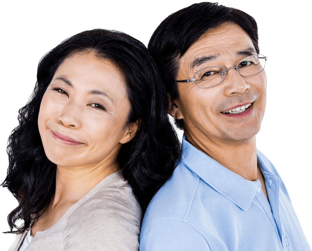 Content Senior Couple Smiling with Back-to-Back Pose on Transparent Background