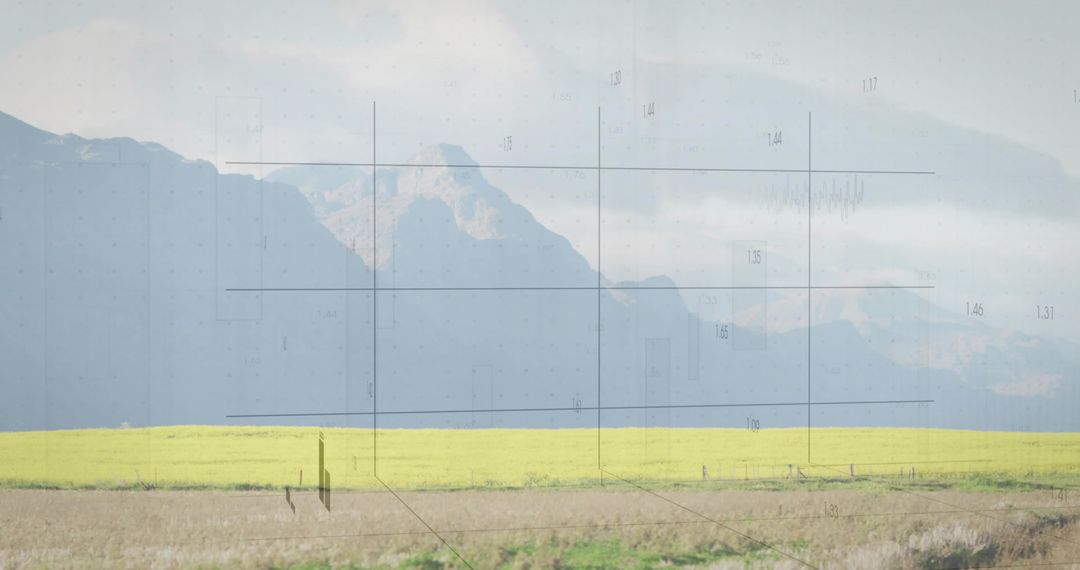 Vast yellow canola field stretching to mountain ridge with overcast sky and grid overlay