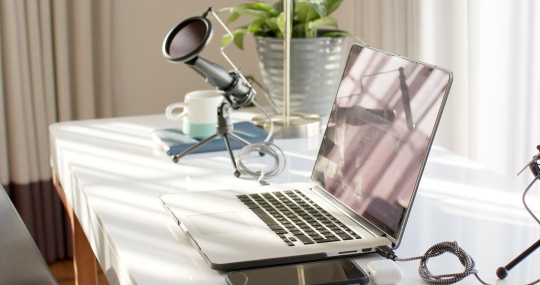 Home Office Laptop Setup with Microphone and Plant