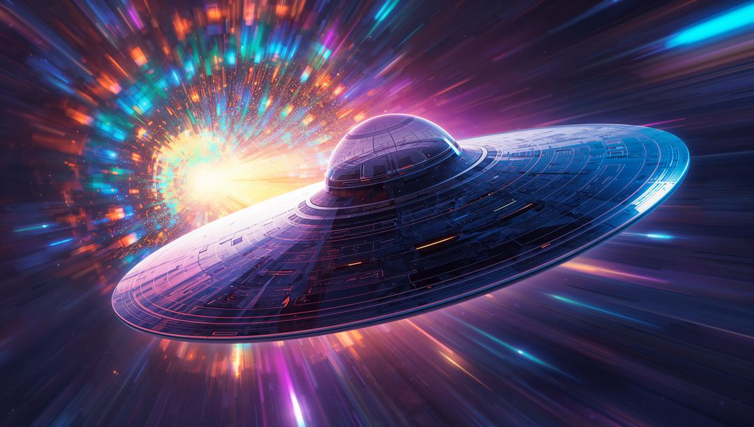 Sleek Disc Spaceship Racing Through Hyperspace with Vibrant Neon Trail
