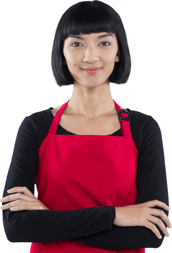 Transparent Smiling Waitress in Red Apron with Arms Crossed