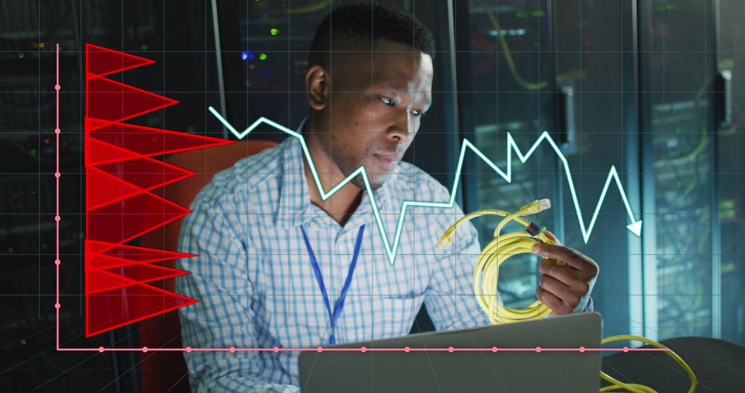 IT Engineer Analyzing Data Trends in Network Server Room