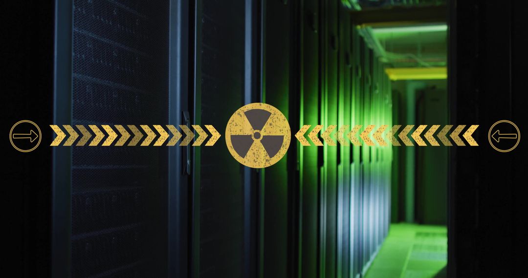 Radiation Icon Overlaying Green-Lit Data Center Servers