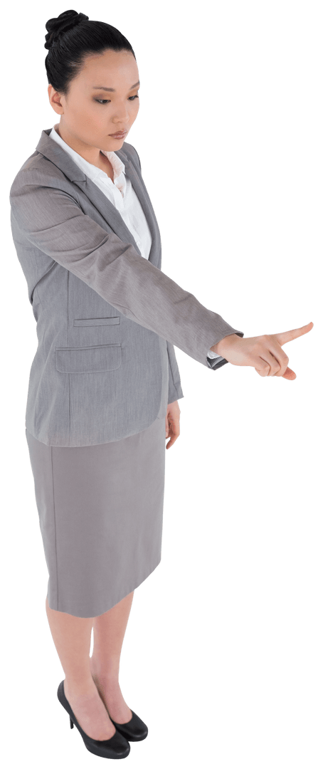 Transparent Businesswoman Pointing in Office Attire