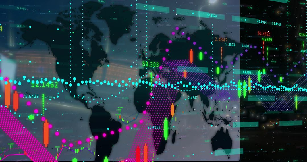 Digital Financial Visualization Overlaid on World Map at Night