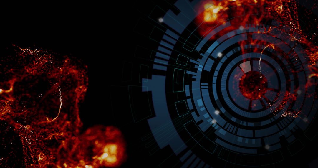 Pulsing Blue HUD Rings Overlapping Red Nebula Filaments with Glowing Nodes