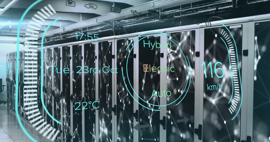Electric Car Data Processing in Server Room with Global Connections Overlay