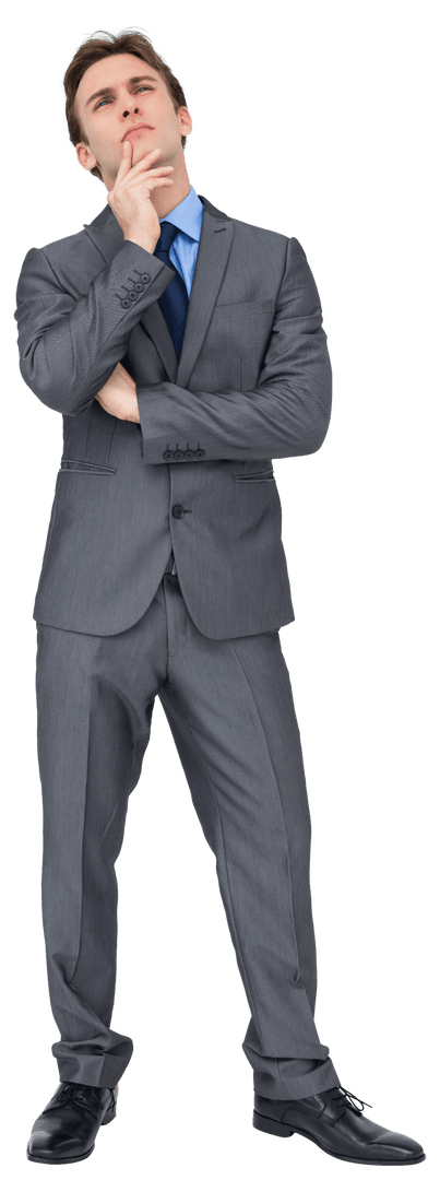 Young Businessman in Suit Thinking on Transparent Background