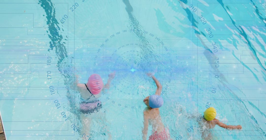 Children Swimming with Digital Interface Overlay in Vibrant Pool
