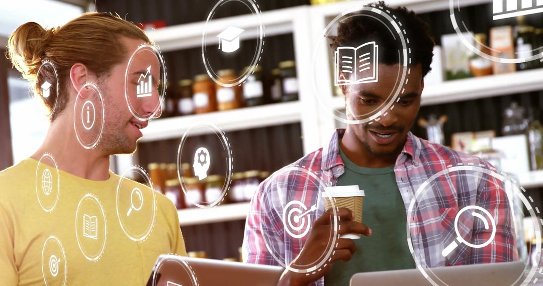 Tech-Savvy Coworkers Collaborating at Coffee Counter with Digital Icons