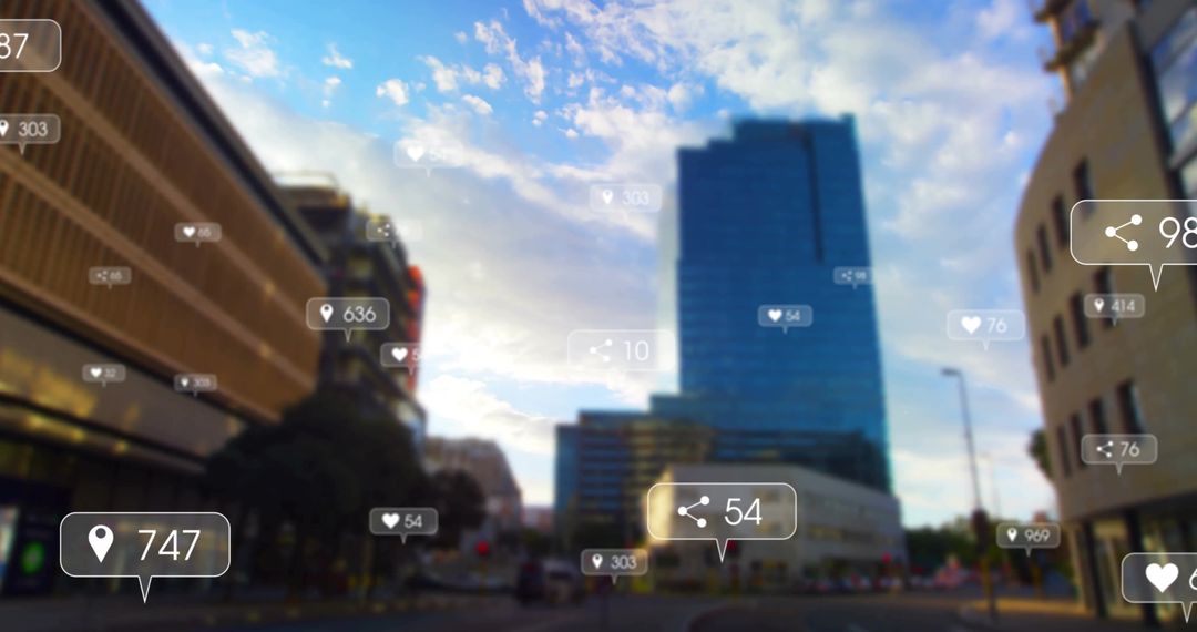 Digital Social Interaction Icons Overlaying Modern Cityscape