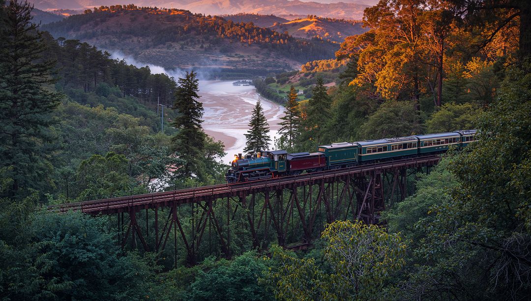 Vintage Steam Train on Trestle with Scenic River Valley Backdrop