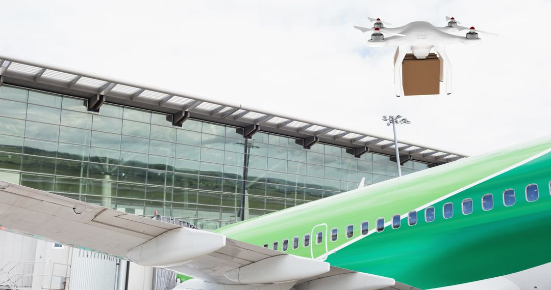Drone Delivery at Airport Near Green Airplane