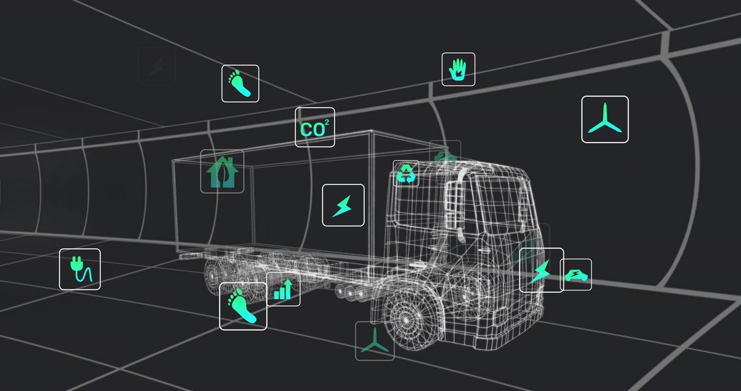 Wireframe Electric Truck Displaying Telemetry and Sustainability Icons in Virtual Tunnel