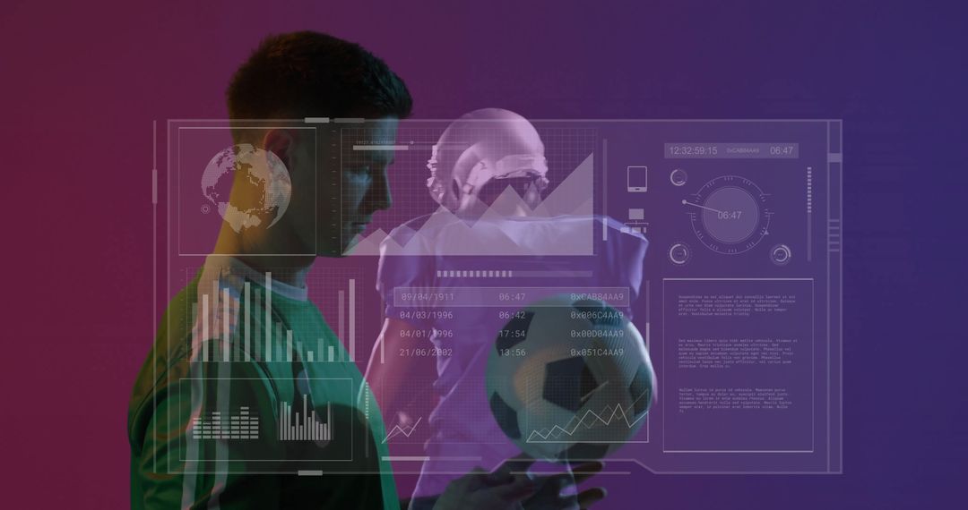 Futuristic Soccer Athlete Analyzing Performance Data