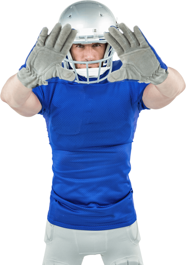 Confident Football Player Showing Defensive Stance with Transparent Background