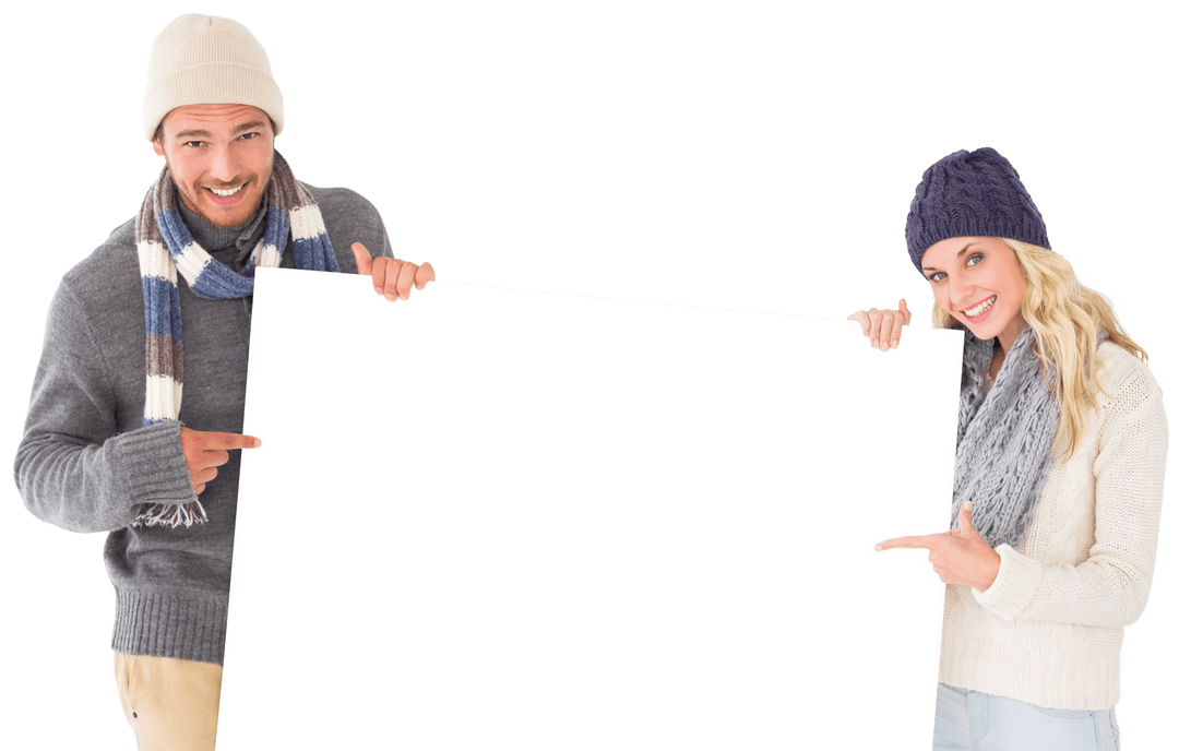 Smiling Couple in Winter Attire Holding Transparent Poster
