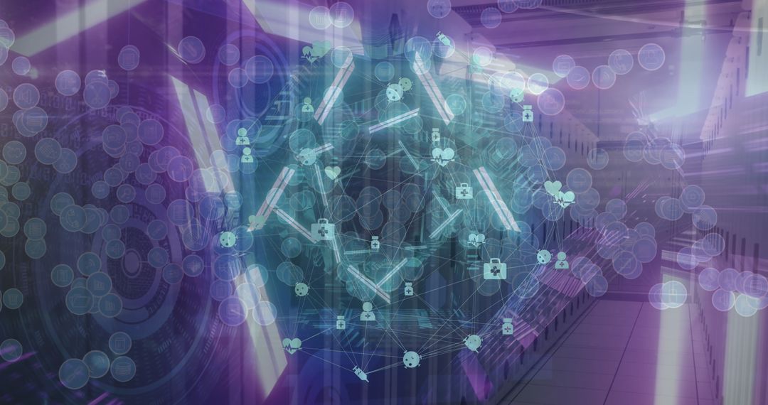 Futuristic Digital Tunnel with Network Connections and Security Icons