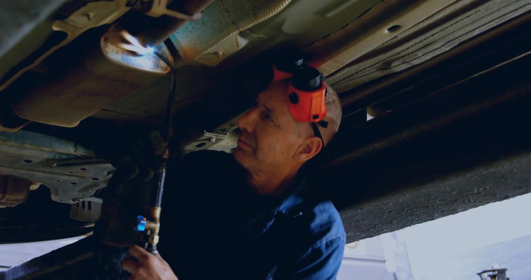 Mechanic Cutting Vehicle Undercarriage with Welding Torch in Workshop