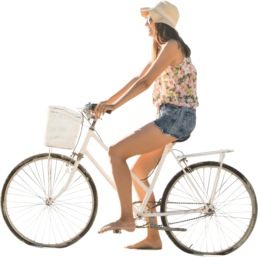 Happy Woman Cycling on Transparent Background with Sun Hat