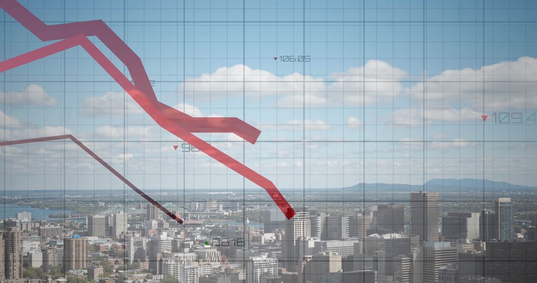 Declining Trend Over Modern Cityscape With Data Overlays