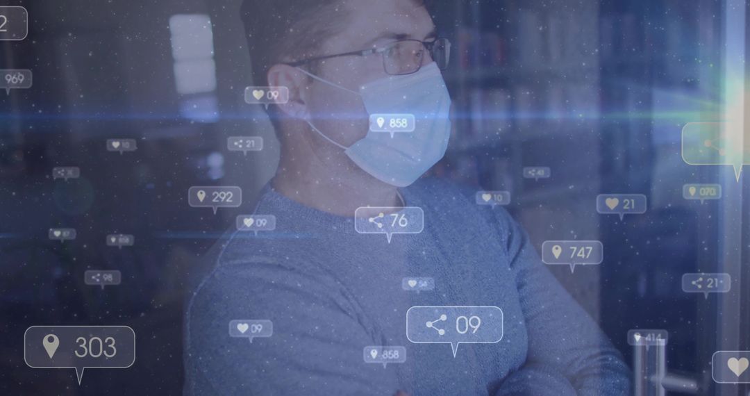 Man Wearing Mask with Global Connection Digital Overlay