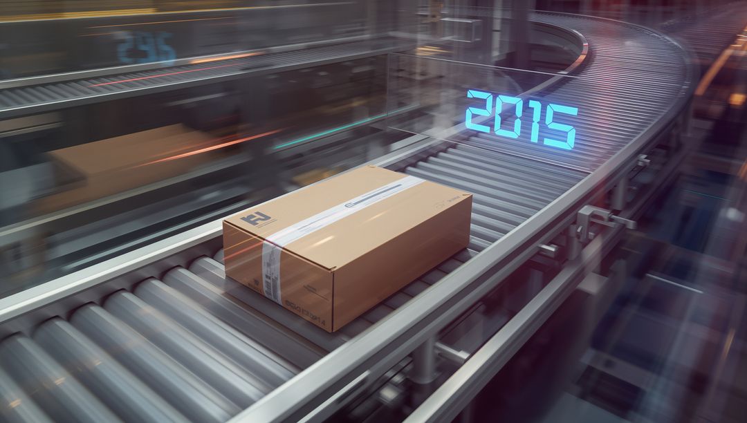 Cardboard Box on Automated Warehouse Conveyor with 2015 Hologram