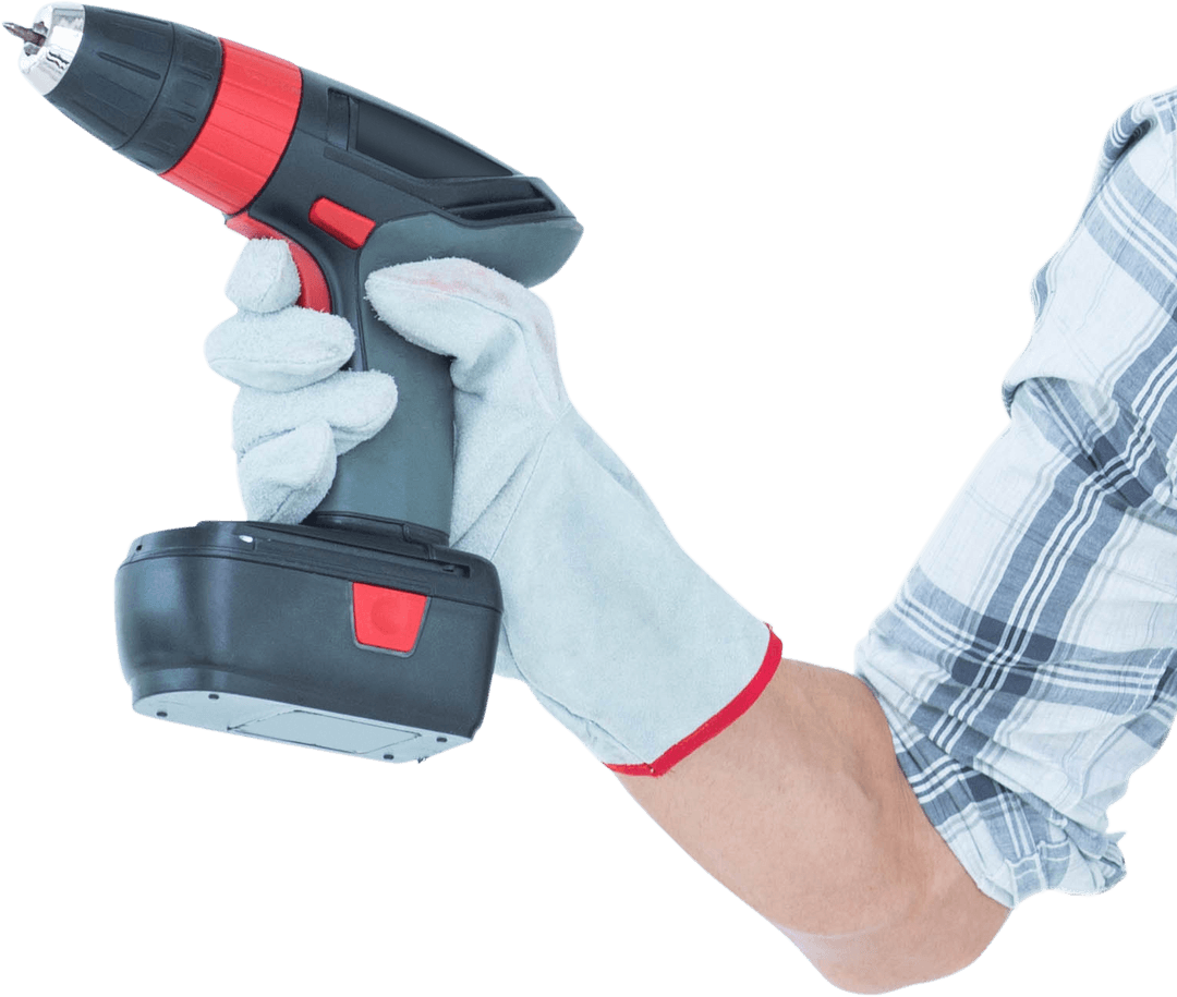 Gloved Hand Holding Cordless Drill on Transparent Background